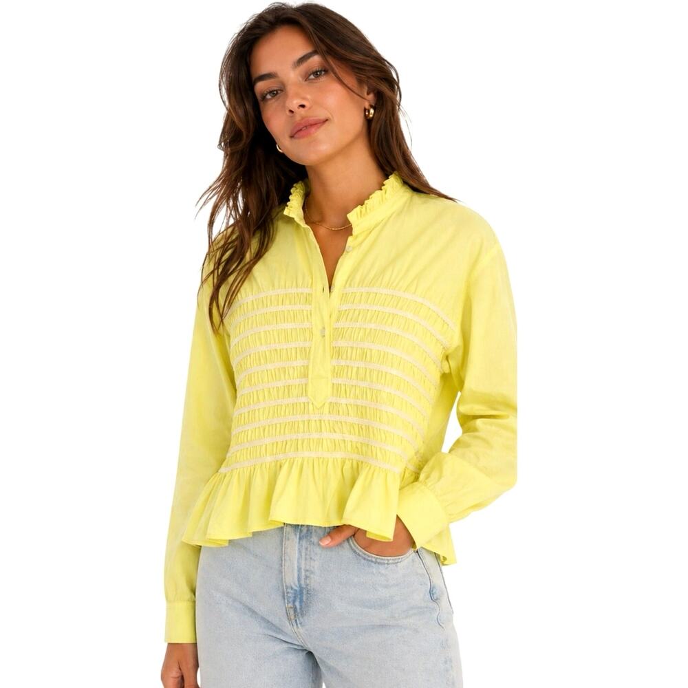 Mii by AUX Cyclades Yellow Smocked Peplum Blouse Size Small Cotton Ruffle Top